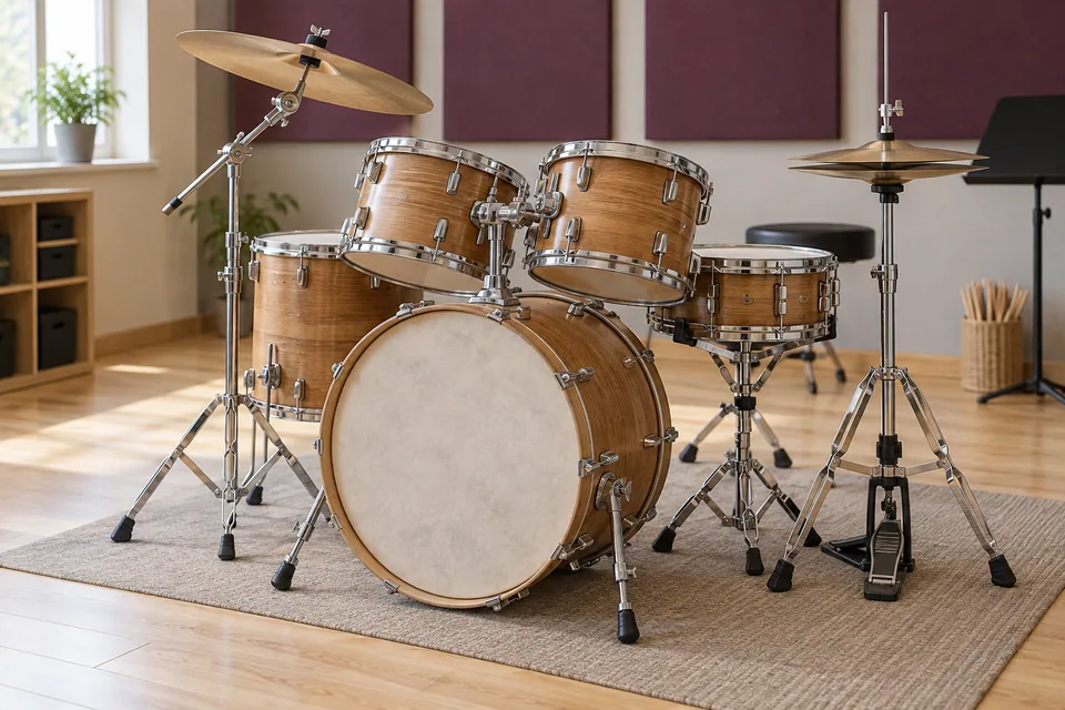 A drum kit with cymbals and a bass drum in a music room