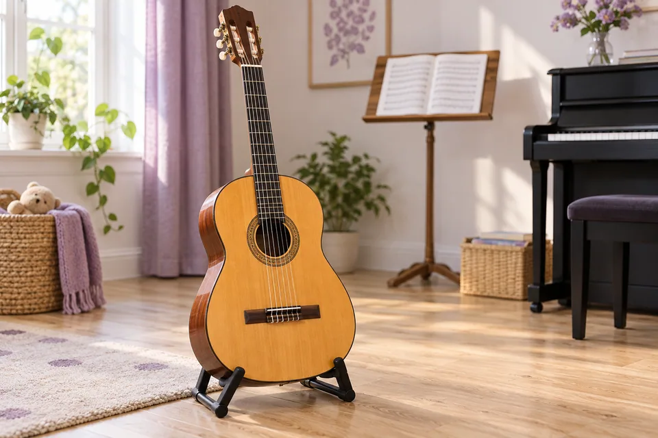 A classical guitar on its stand beside a piano
