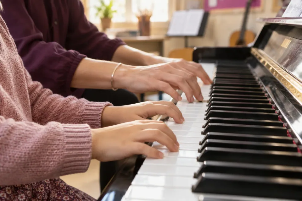 A child and teacher exploring the piano together
