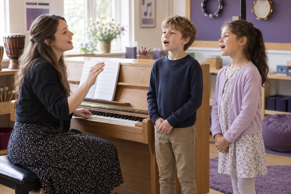 A teacher at a piano guiding two children as they sing