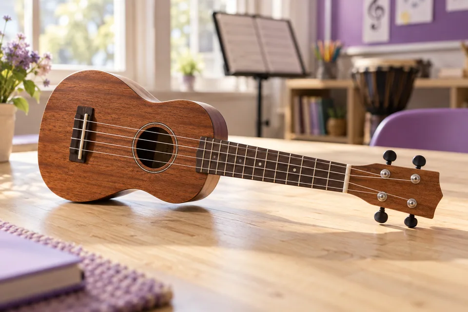 A four-string wooden ukulele, ready for a music lesson